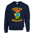 Noobini Pizzanini print on a navy crewneck sweatshirt, front view
