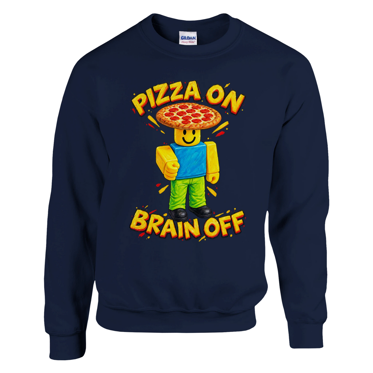 Noobini Pizzanini print on a navy crewneck sweatshirt, front view