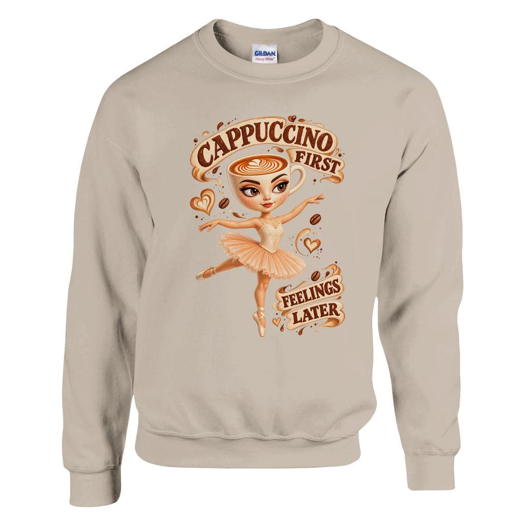 Ballerina Cappuccina print on a sand crewneck sweatshirt, front view
