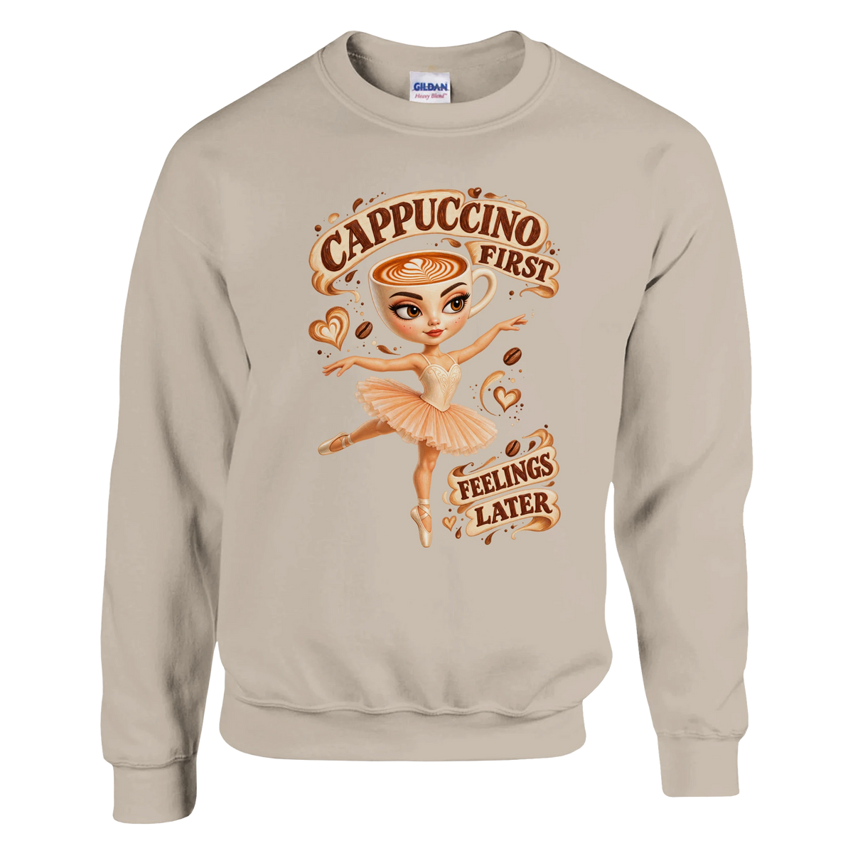 Ballerina Cappuccina print on a sand crewneck sweatshirt, front view