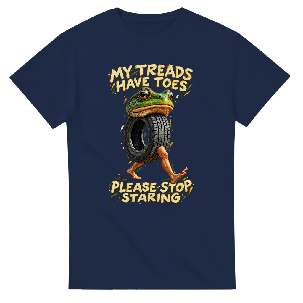 Navy t-shirt printed with Boneca Ambalabu and the words My treads have toes, please stop staring, front view