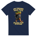 Navy t-shirt printed with Boneca Ambalabu and the words My treads have toes, please stop staring, front view