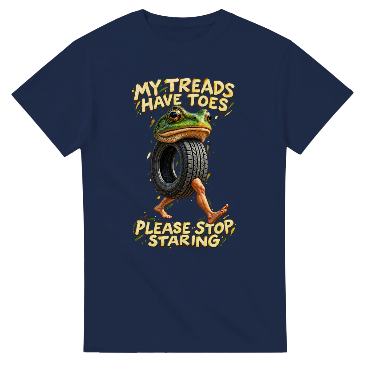 Navy t-shirt printed with Boneca Ambalabu and the words My treads have toes, please stop staring, front view