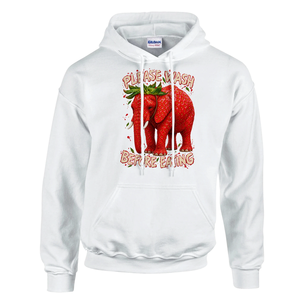 Strawberry Elephant print on a white pullover hoodie, front view