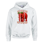 Strawberry Elephant print on a white pullover hoodie, front view