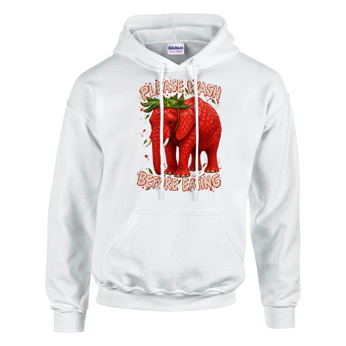 Strawberry Elephant print on a white pullover hoodie, front view