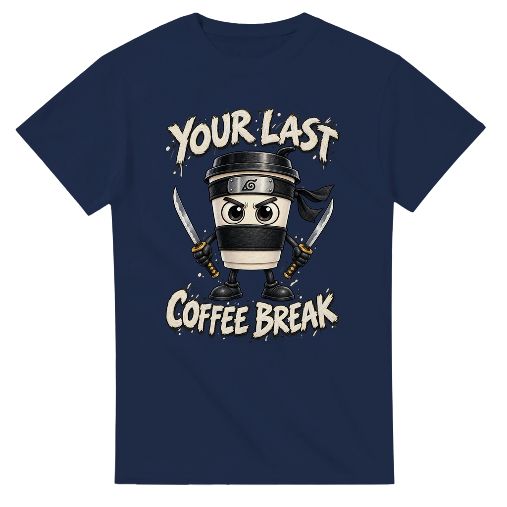 Navy t-shirt printed with Cappuccino Assassino and the words Your last coffee break, front view