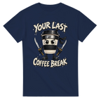 Navy t-shirt printed with Cappuccino Assassino and the words Your last coffee break, front view
