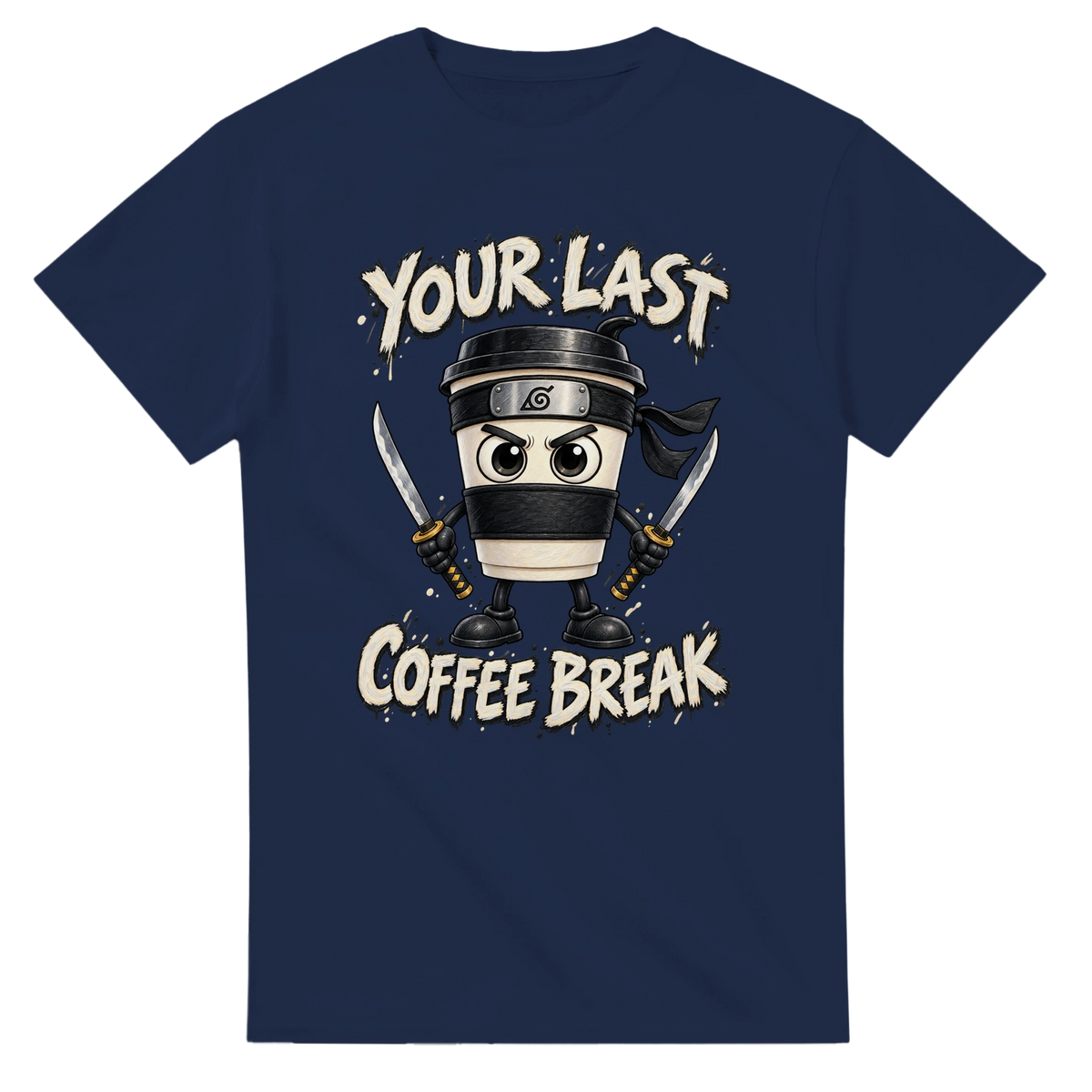 Navy t-shirt printed with Cappuccino Assassino and the words Your last coffee break, front view