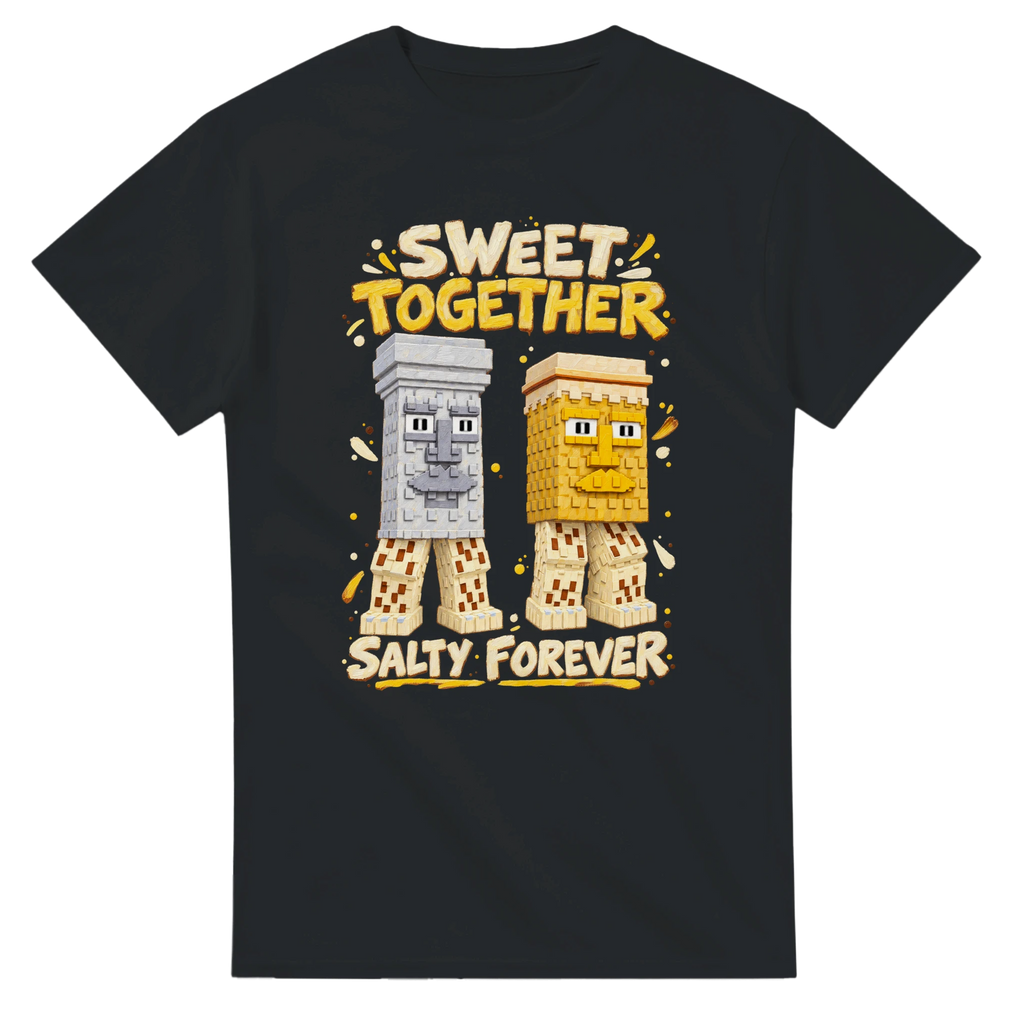 Black t-shirt printed with Garama and Madundung and the words Sweet together, salty forever, front view