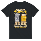 Black t-shirt printed with Garama and Madundung and the words Sweet together, salty forever, front view
