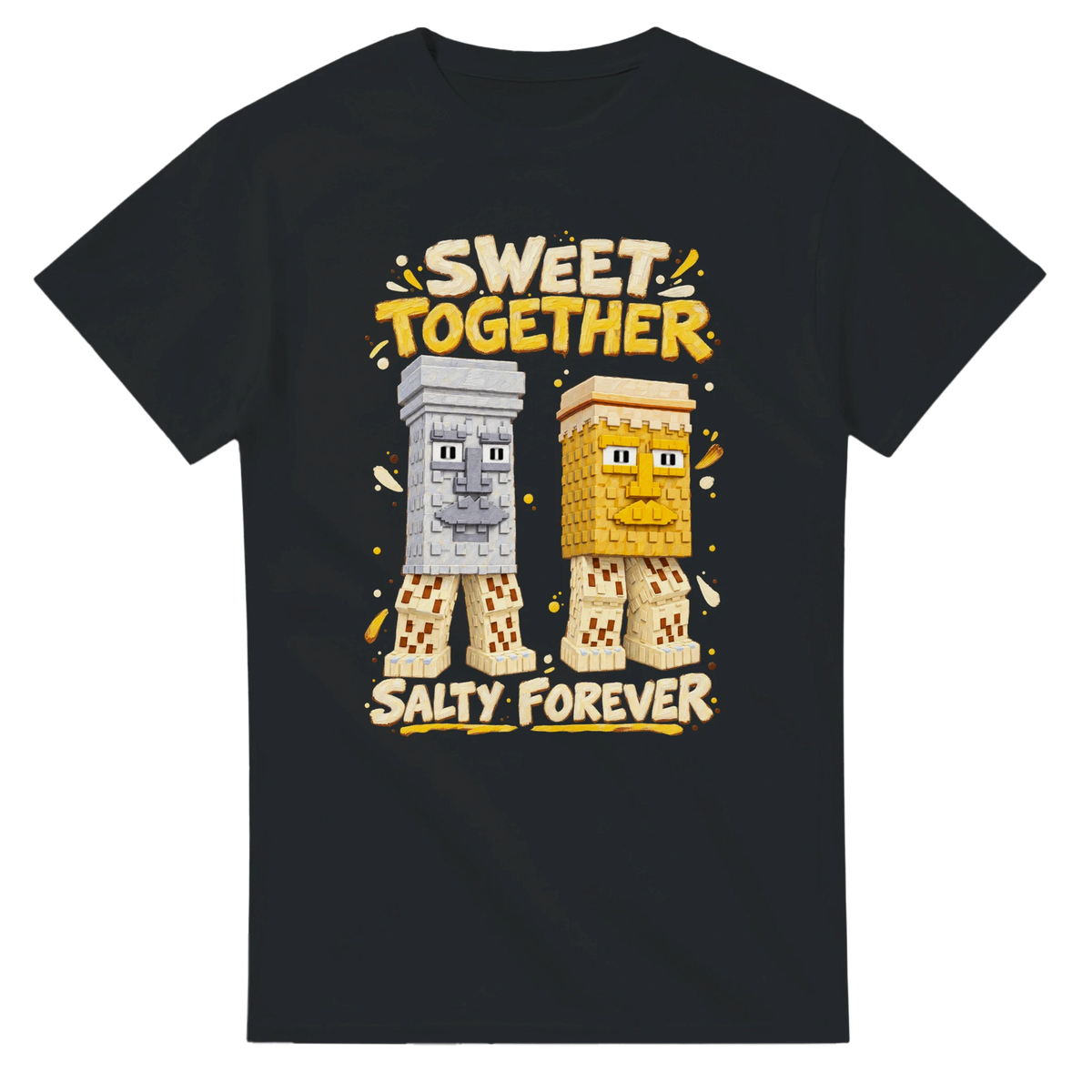 Black t-shirt printed with Garama and Madundung and the words Sweet together, salty forever, front view