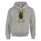 Boneca Ambalabu print on an ash grey pullover hoodie, front view