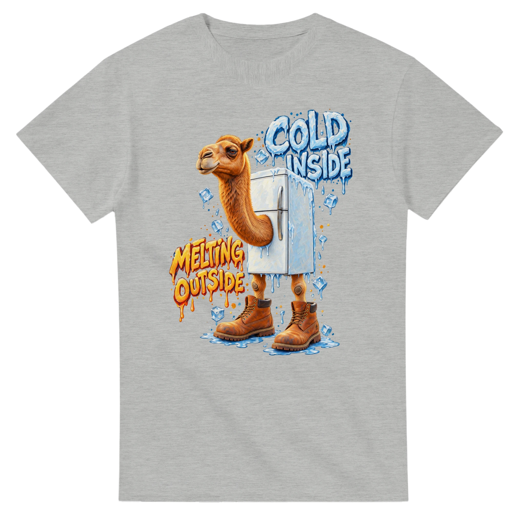 Ash t-shirt printed with Frigo Camelo and the words Cold inside, melting outside, front view