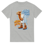 Ash t-shirt printed with Frigo Camelo and the words Cold inside, melting outside, front view