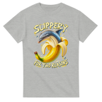 Ash t-shirt printed with Bananita Dolphinita and the words Slippery, for two reasons, front view