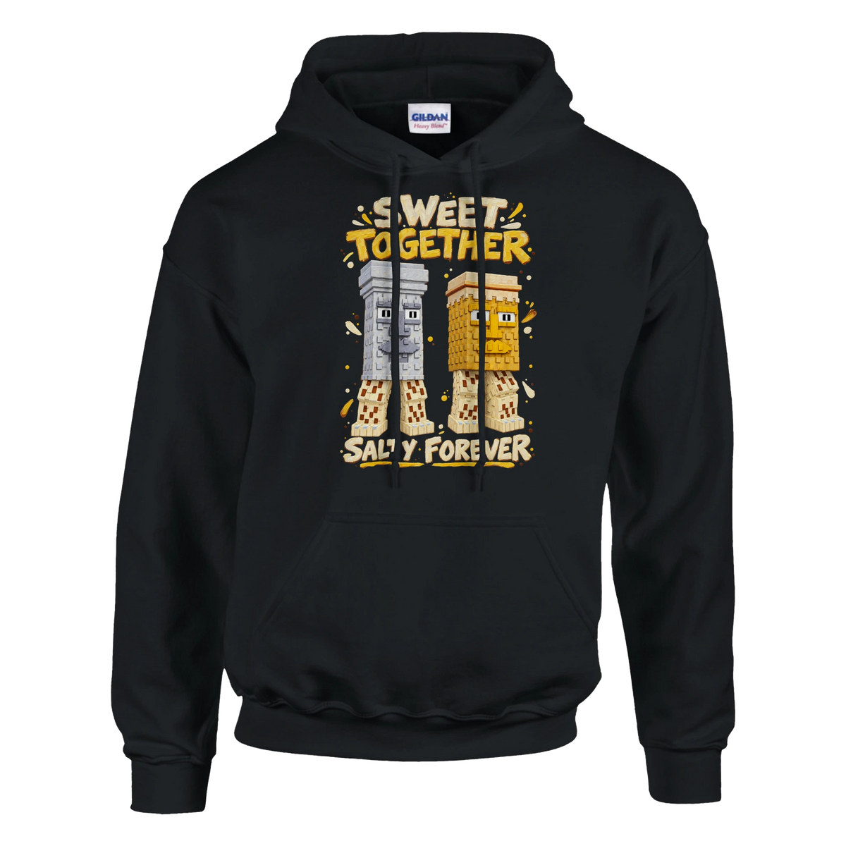 Garama and Madundung print on a black pullover hoodie, front view