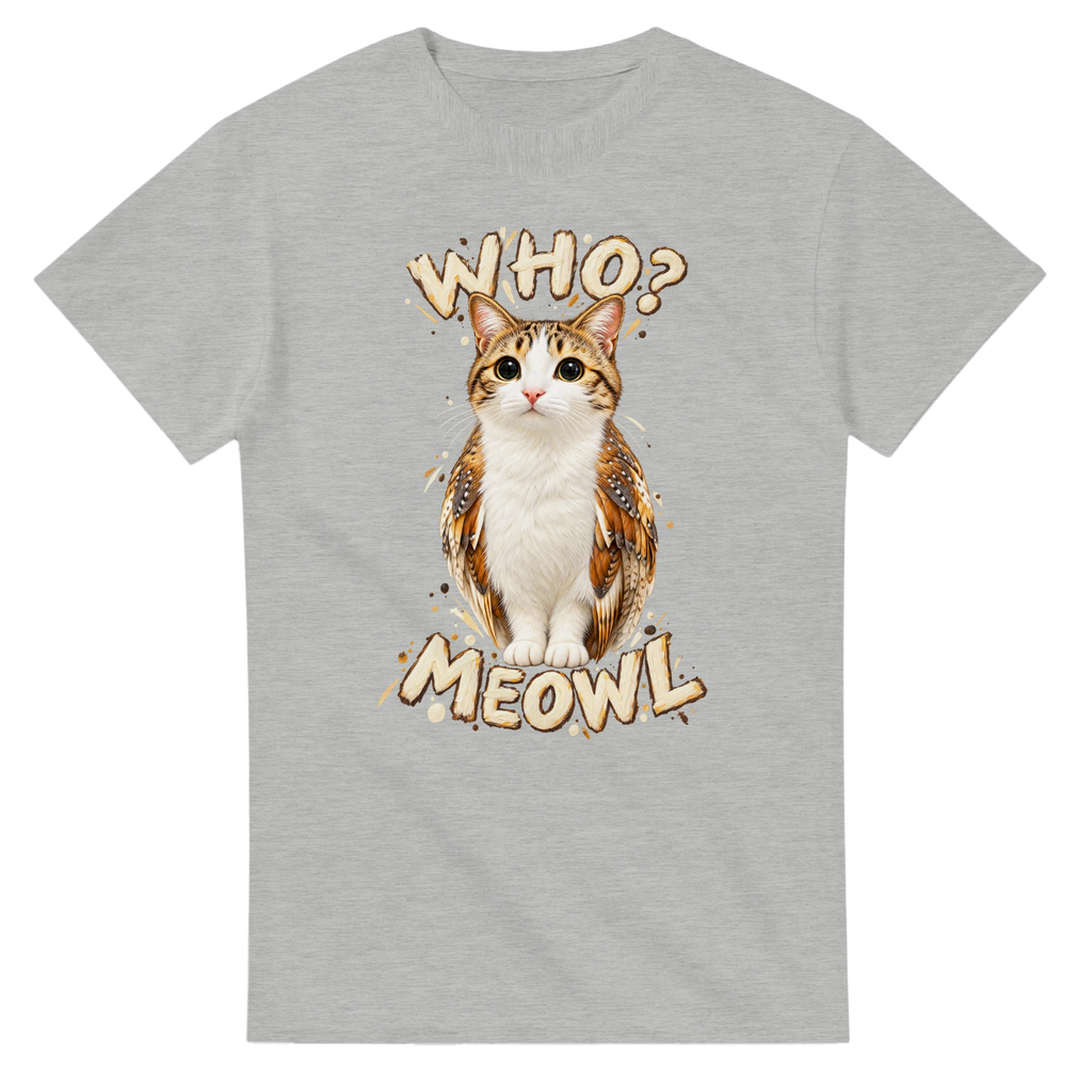Ash t-shirt printed with Meowl and the words Who? Meowl, front view