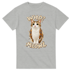 Ash t-shirt printed with Meowl and the words Who? Meowl, front view