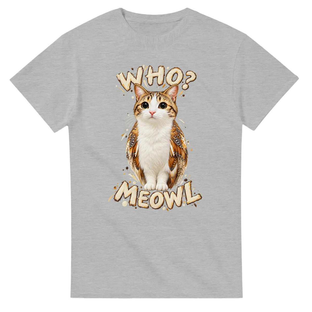 Ash t-shirt printed with Meowl and the words Who? Meowl, front view