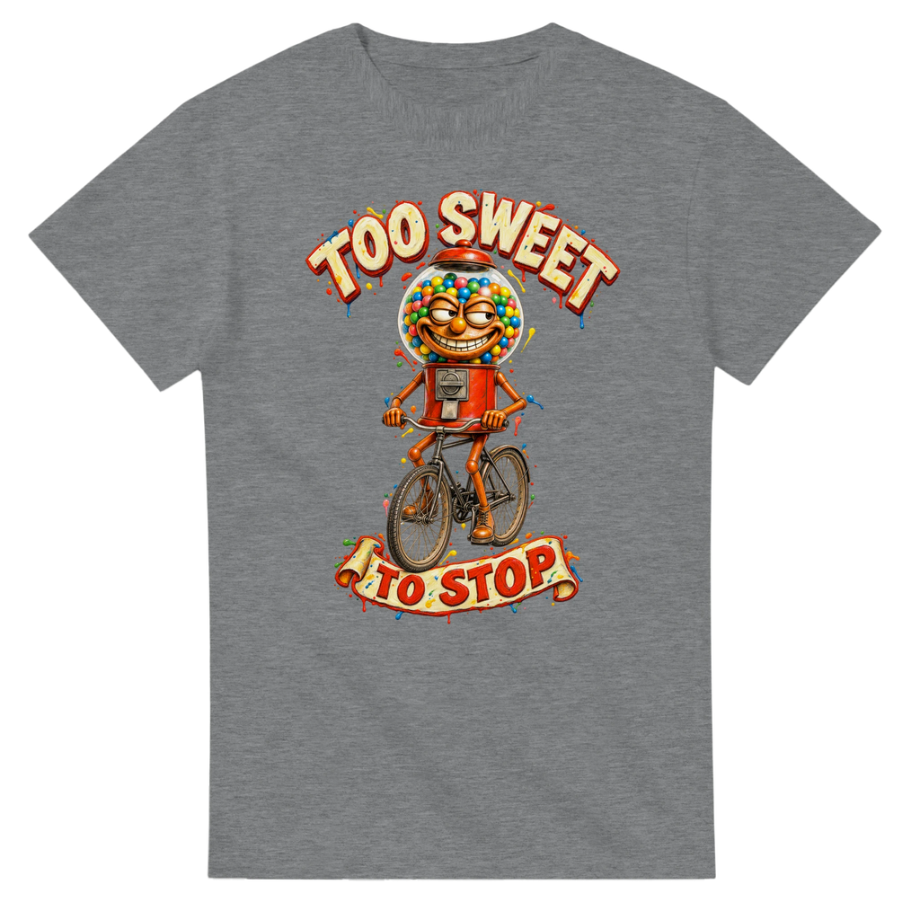 Sport Grey t-shirt printed with Chicleteira Bicicleteira and the words Too sweet to stop, front view