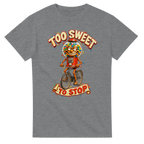Sport Grey t-shirt printed with Chicleteira Bicicleteira and the words Too sweet to stop, front view