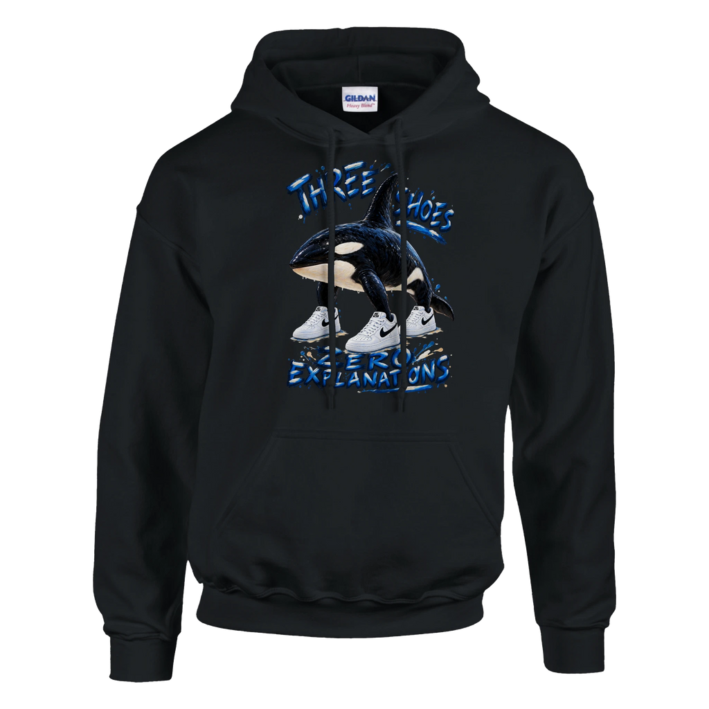 Orcalero Orcala print on a black pullover hoodie, front view