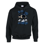 Orcalero Orcala print on a black pullover hoodie, front view