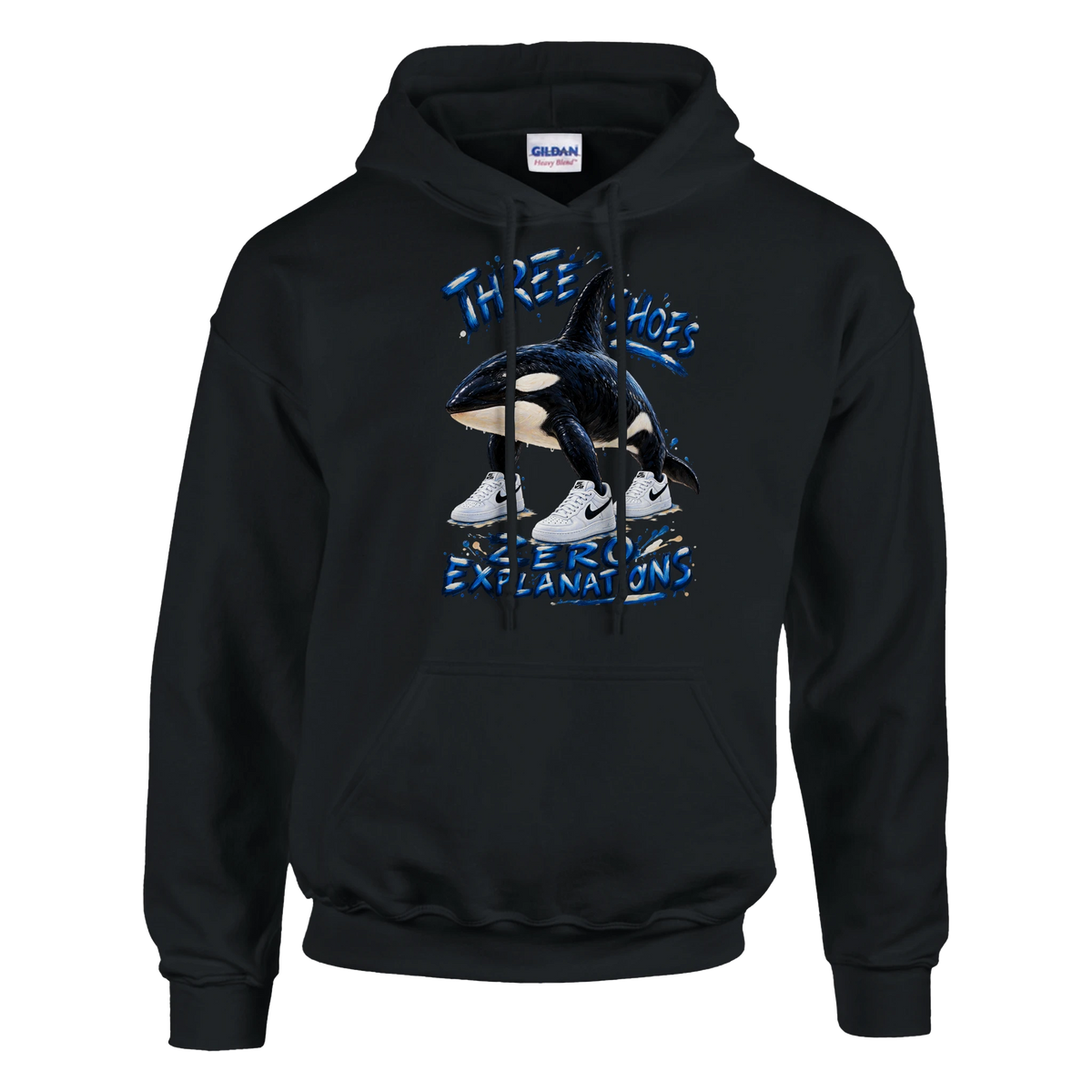 Orcalero Orcala print on a black pullover hoodie, front view