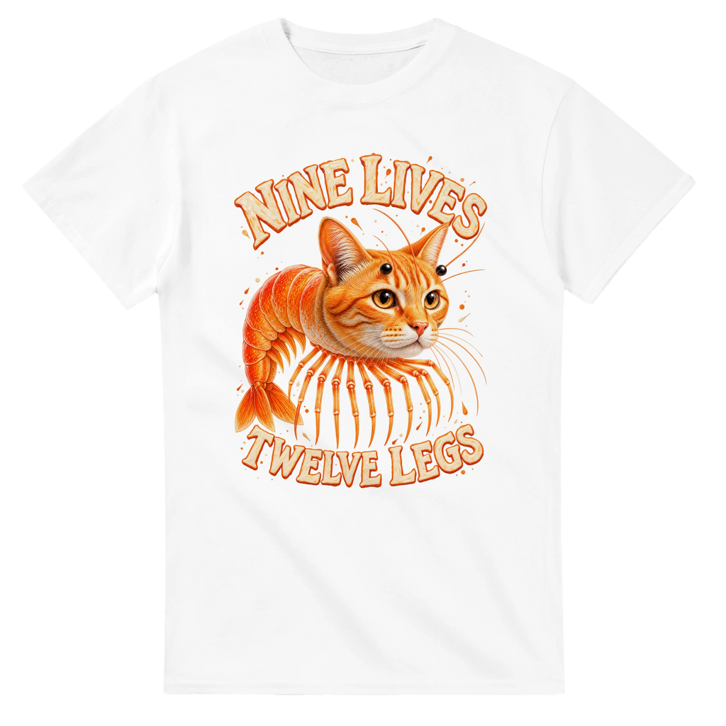 White t-shirt printed with Trippi Troppi and the words Nine lives, twelve legs, front view