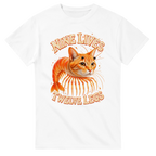 White t-shirt printed with Trippi Troppi and the words Nine lives, twelve legs, front view