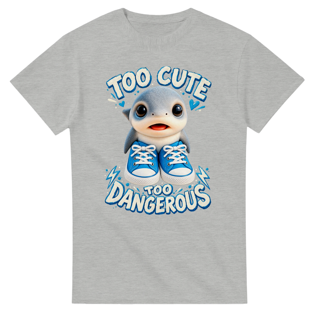 Ash t-shirt printed with Los Tralaleritos and the words Too cute, too dangerous, front view