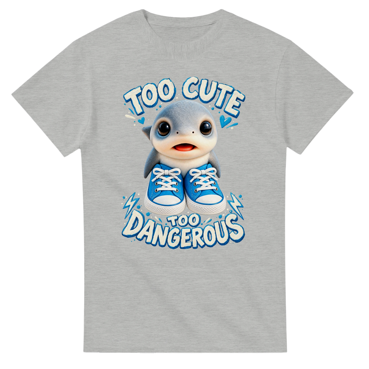 Ash t-shirt printed with Los Tralaleritos and the words Too cute, too dangerous, front view