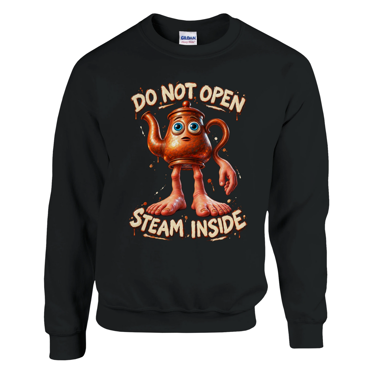 Ta Ta Ta Sahur print on a black crewneck sweatshirt, front view