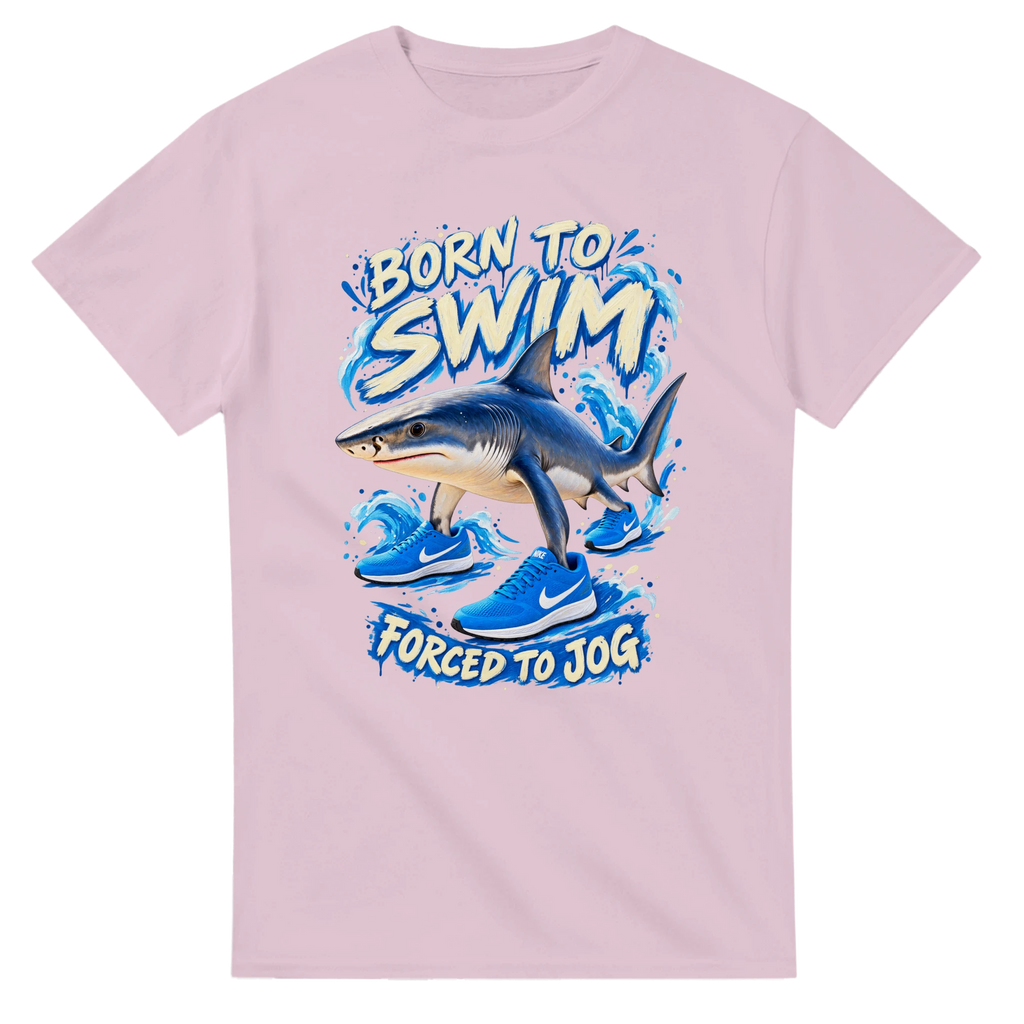 Light Pink t-shirt printed with Tralalero Tralala and the words Born to swim, forced to jog, front view