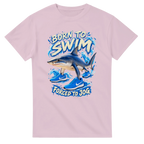 Light Pink t-shirt printed with Tralalero Tralala and the words Born to swim, forced to jog, front view