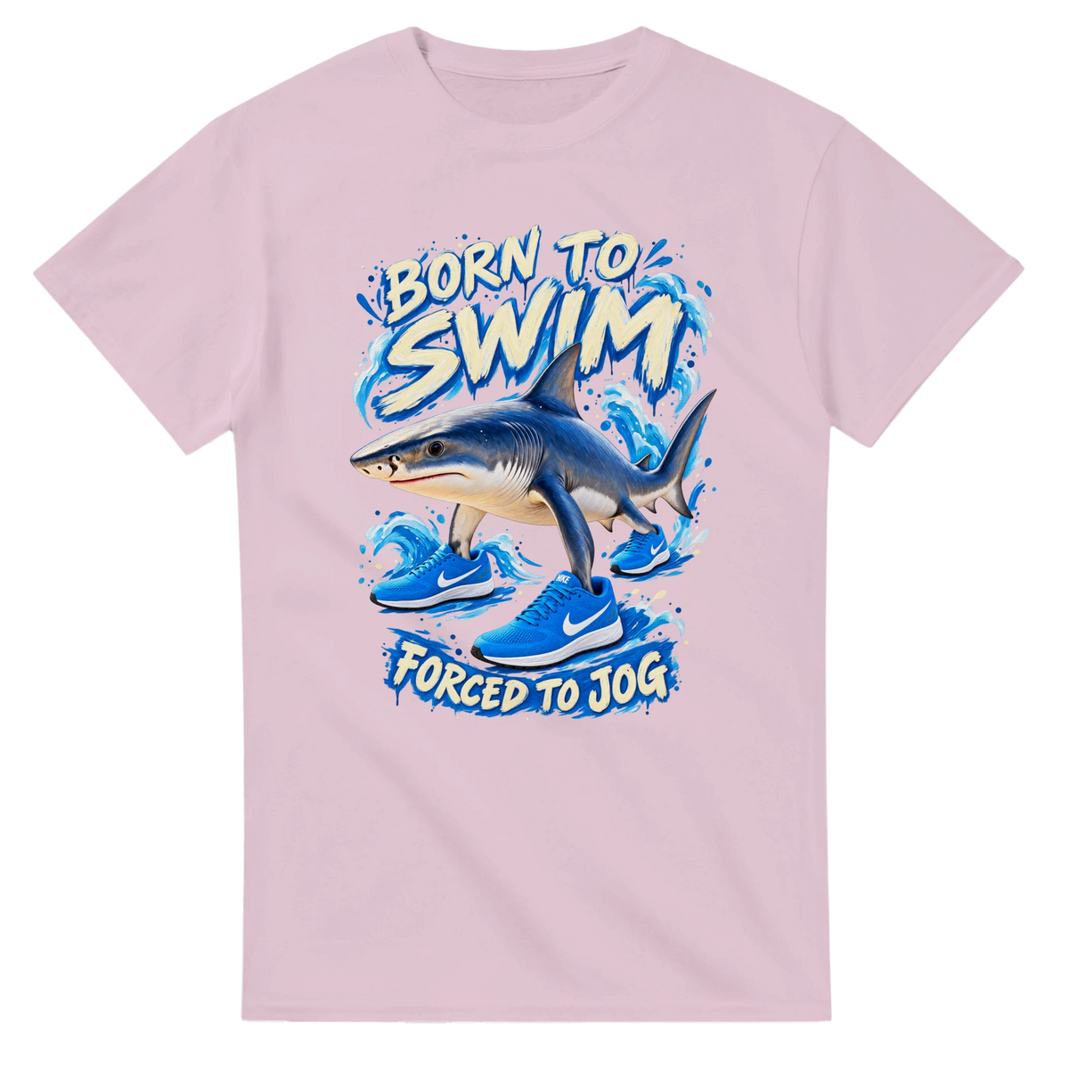 Light Pink t-shirt printed with Tralalero Tralala and the words Born to swim, forced to jog, front view