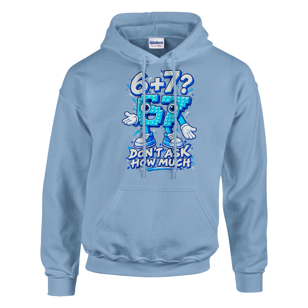 67 print on a light blue pullover hoodie, front view