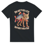 Black t-shirt printed with Trulimero Trulichina and the words Too wet to be a cat, too furry to be a fish, front view