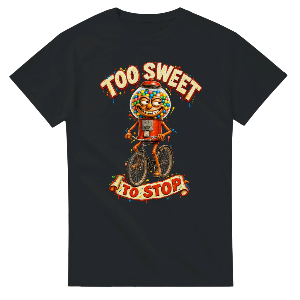 Black t-shirt printed with Chicleteira Bicicleteira and the words Too sweet to stop, front view