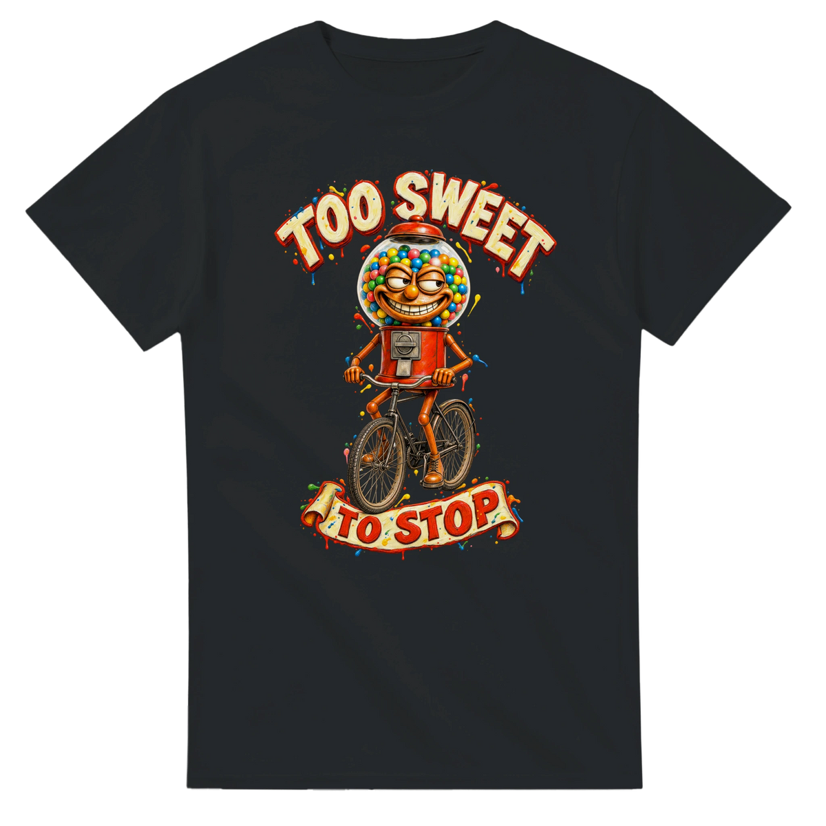Black t-shirt printed with Chicleteira Bicicleteira and the words Too sweet to stop, front view