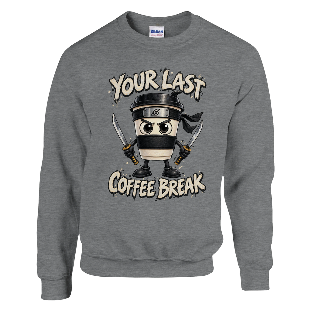 Cappuccino Assassino print on a sport grey crewneck sweatshirt, front view