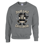 Cappuccino Assassino print on a sport grey crewneck sweatshirt, front view
