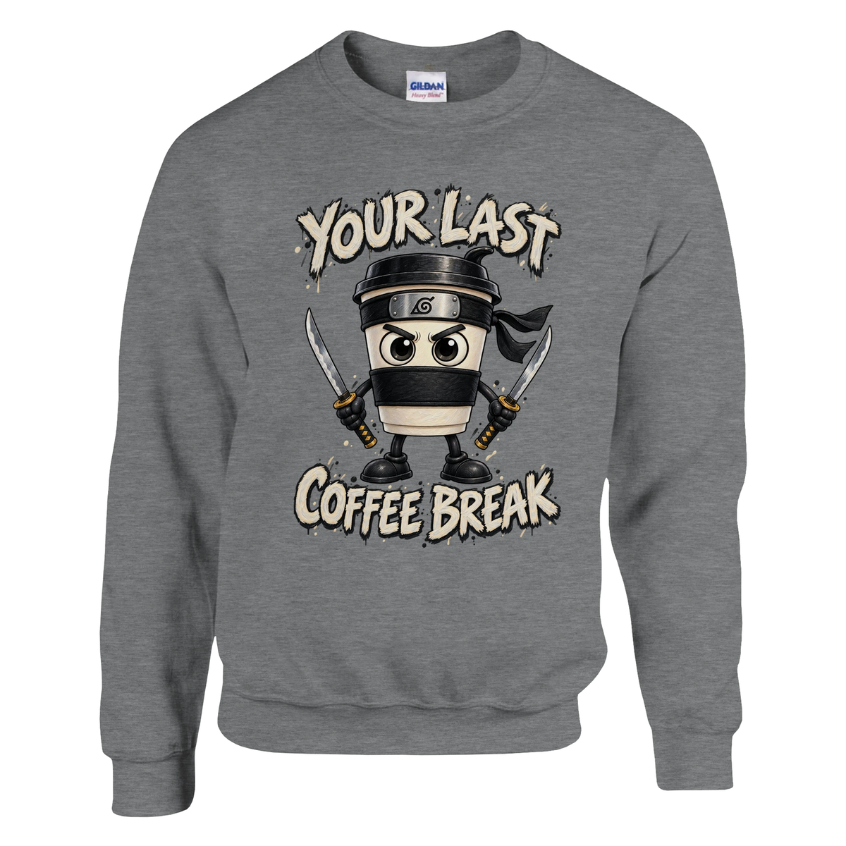 Cappuccino Assassino print on a sport grey crewneck sweatshirt, front view