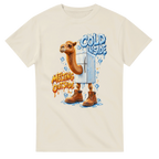 Natural t-shirt printed with Frigo Camelo and the words Cold inside, melting outside, front view