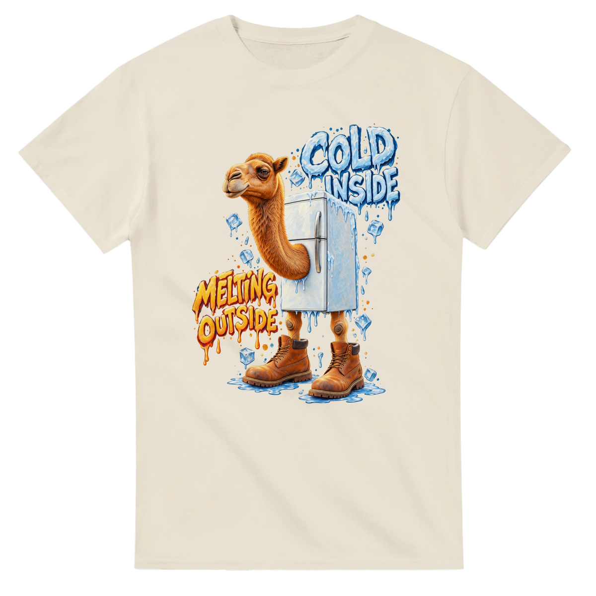 Natural t-shirt printed with Frigo Camelo and the words Cold inside, melting outside, front view