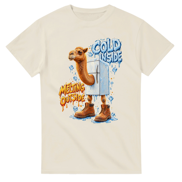 Natural t-shirt printed with Frigo Camelo and the words Cold inside, melting outside, front view