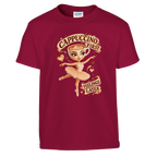 Ballerina Cappuccina print on a cardinal red kids t-shirt, front view