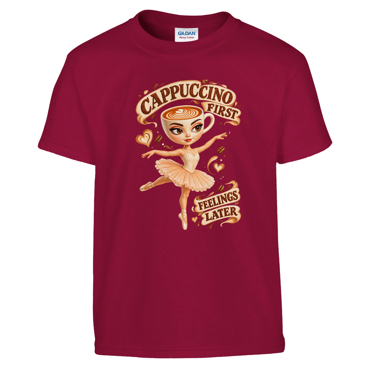 Ballerina Cappuccina print on a cardinal red kids t-shirt, front view