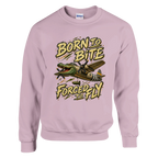 Bombardino Crocodilo print on a light pink crewneck sweatshirt, front view